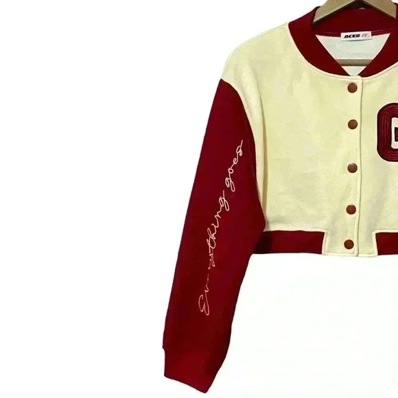 ACED IT Cropped Varsity Jacket M Cream Sporty Letterman Patches Academia NWT - Picture 3 of 10